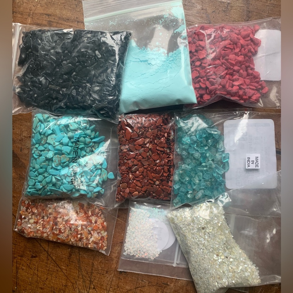 Mixed pot of crushed and chip gemstones jade turquoise opal